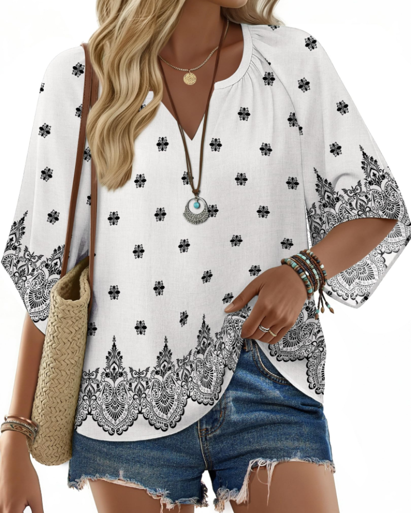 Blusa túnica bohemia para mujer Carmen – Top floral vaporoso de verano con escote en V y corte informal