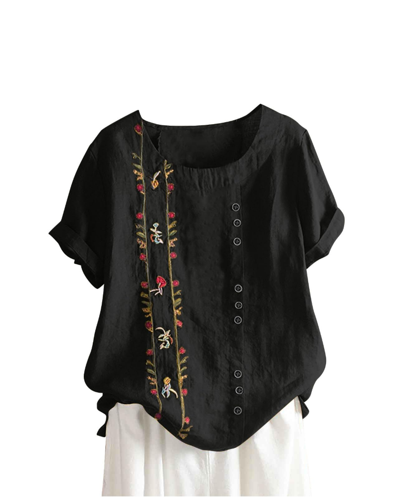 Blusa floral para mujer Brooke – Top de verano de algodón y lino, corte holgado y manga corta