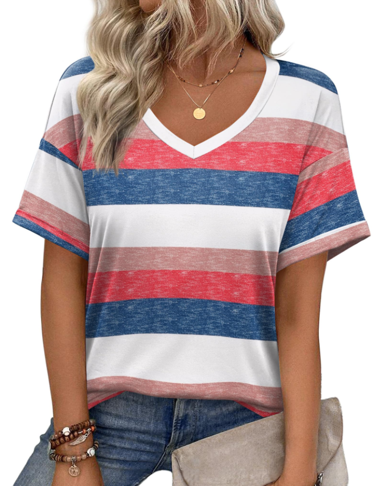 Top tipo túnica para mujer Mabel – Blusa informal de verano con estampado, escote en V y corte holgado