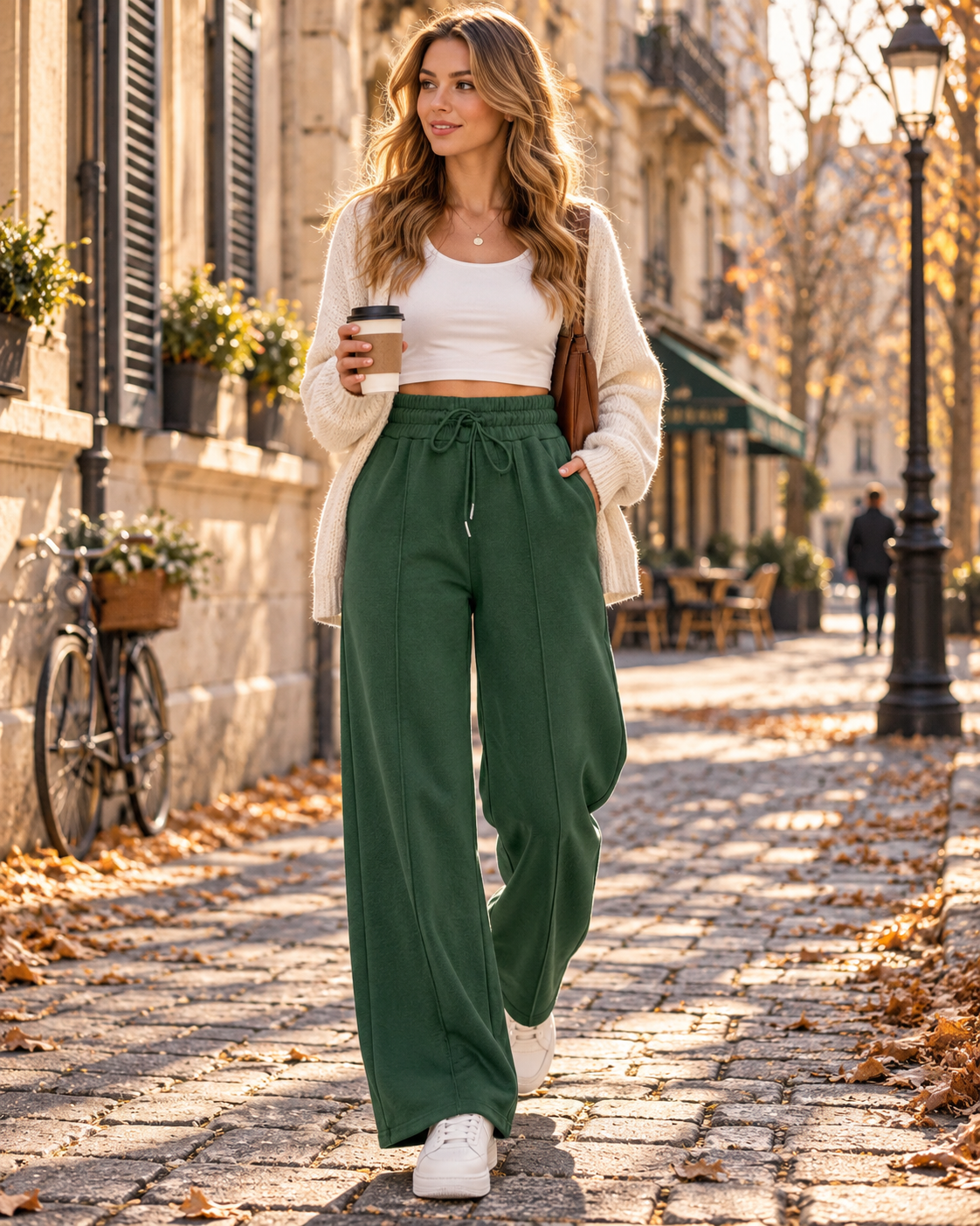 Pantalon de survêtement à jambes larges pour femme Ramsey – Taille haute, cordon de serrage, mélange de coton, poches