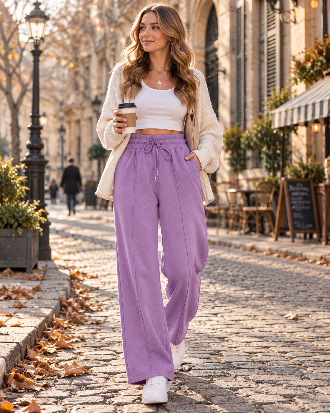 Pantalon de survêtement à jambes larges pour femme Ramsey – Taille haute, cordon de serrage, mélange de coton, poches