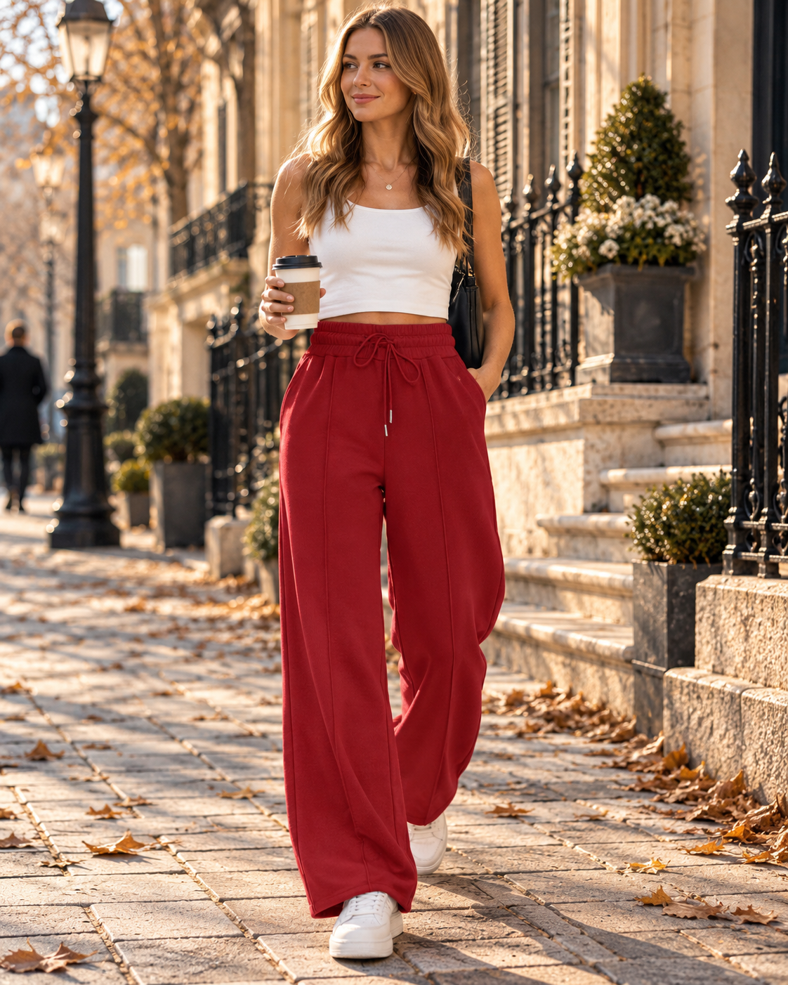 Pantalon de survêtement à jambes larges pour femme Ramsey – Taille haute, cordon de serrage, mélange de coton, poches