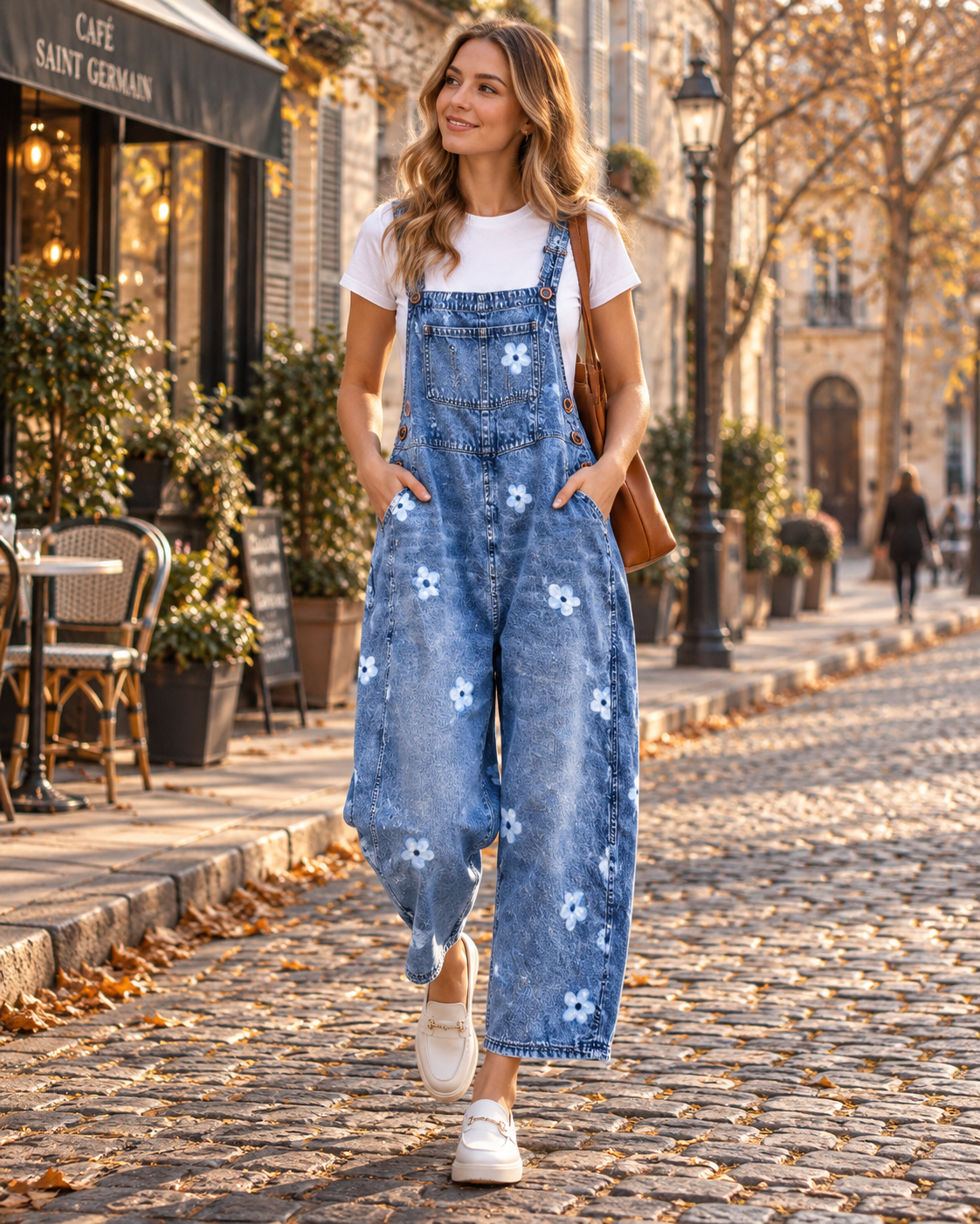 Mono vaquero floral para mujer Loretta – Tirantes ajustables, pierna ancha y corte holgado