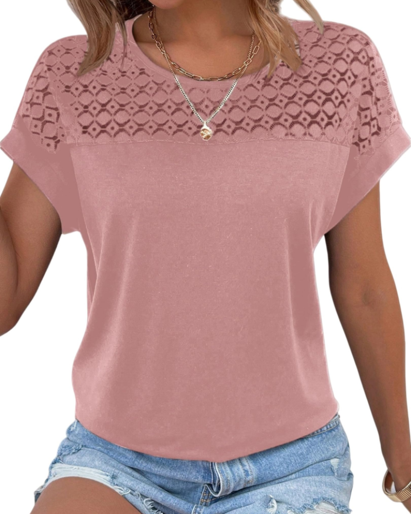 Emily Women's Lace T-Shirt – Short Sleeve Round Neck Top for Summer and Casual Wear