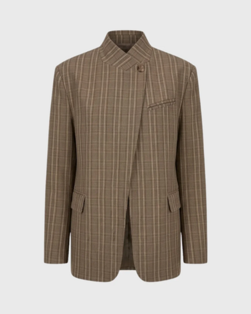 Blazer de cuadros para mujer Amara – Chaqueta extragrande con cuello mao y cierre asimétrico