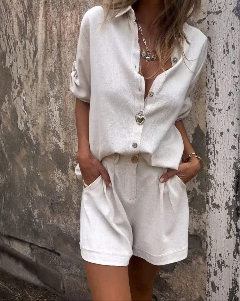 Conjunto de blusa y shorts para mujer Charlotte – Camisa abotonada con mangas remangadas y shorts a juego