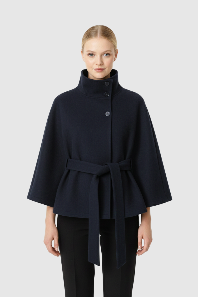 Abrigo de mezcla de lana para mujer Ivanna – Elegante abrigo largo de invierno con cinturón y cuello alto