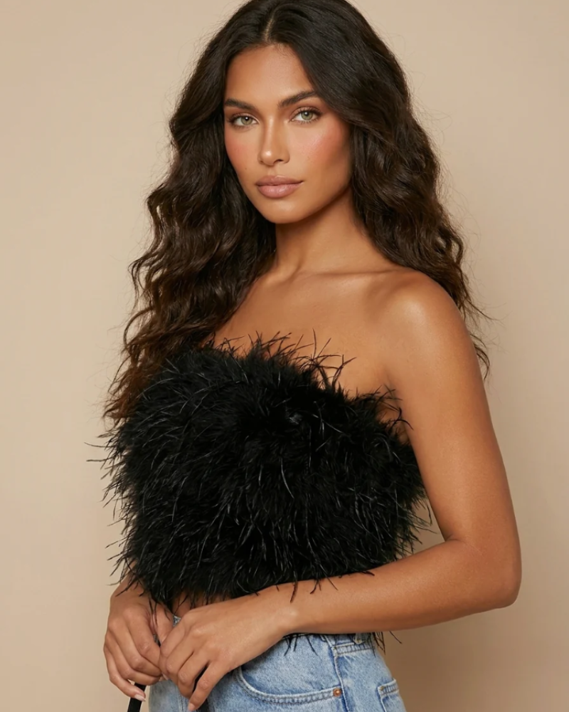 Savannah Women's Feather Bandeau Top – Strapless Fitted Party & Festival Top