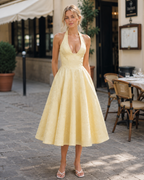 Abito midi da donna Iris – Abito corsetto in jacquard floreale con schiena scoperta e gonna svasata