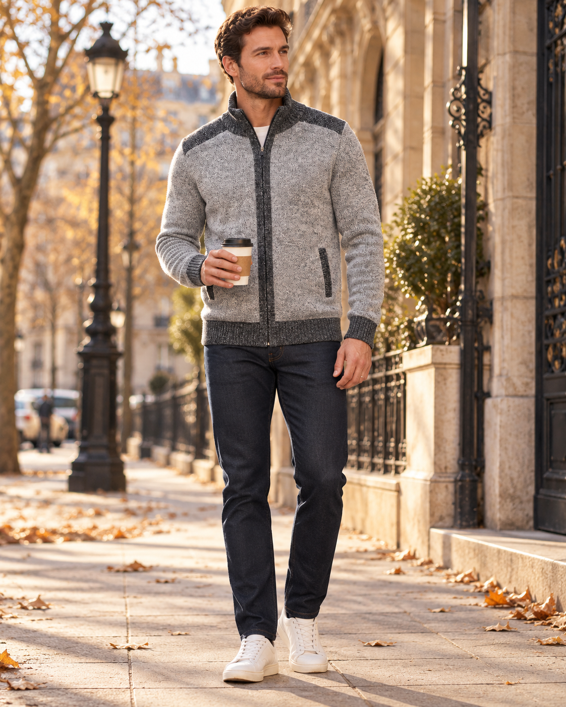 Gian Men's Knitted Full-Zip Cardigan - Stand Collar, Plaid Lining and Slant Pockets