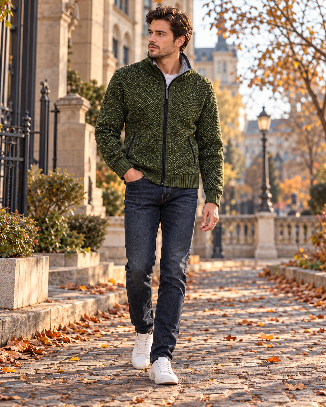 Gian Men's Knitted Full-Zip Cardigan - Stand Collar, Plaid Lining and Slant Pockets