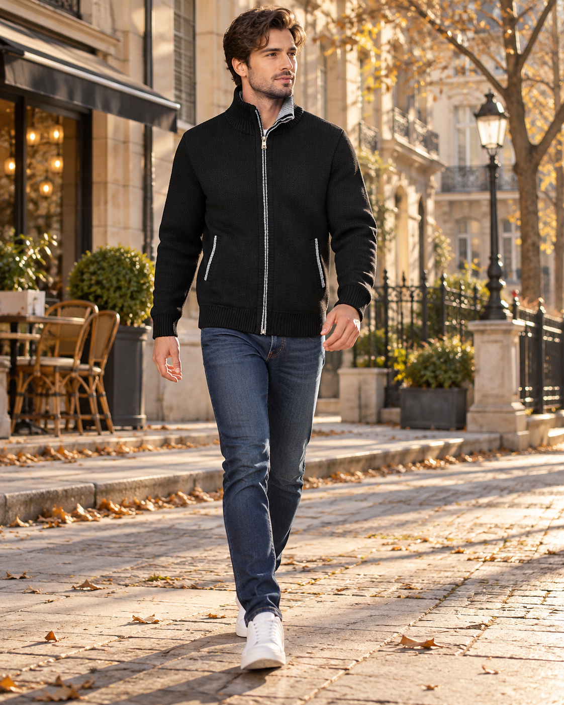Gian Men's Knitted Full-Zip Cardigan - Stand Collar, Plaid Lining and Slant Pockets