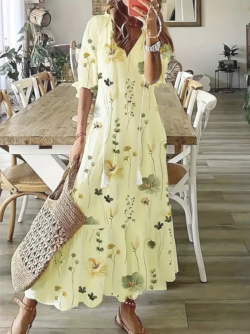 Abito boho da donna Charm – Abito estivo con scollo a V, volant e stampa ikat