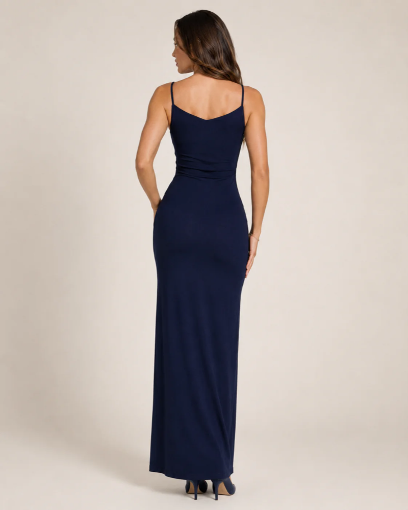 Abito lungo blu navy da donna Blythe – abito da sera formale aderente con spacco alto