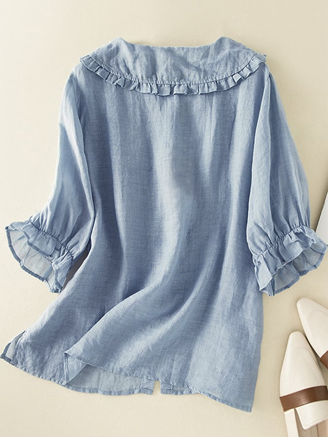 Blusa de algodón y lino para mujer Jillian: camisa holgada con cuello Peter Pan y volantes