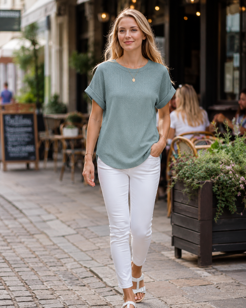 Top de punto waffle para mujer Hannah – Camisa de manga corta y cuello redondo con bloques de color