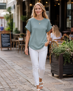 Top de punto waffle para mujer Hannah – Camisa de manga corta y cuello redondo con bloques de color