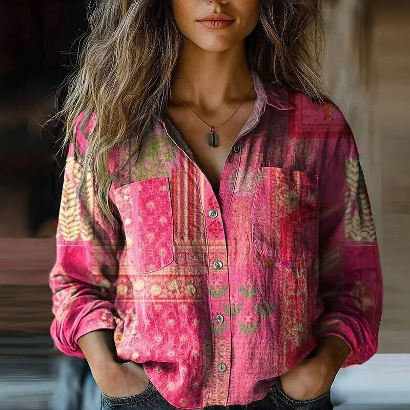 Blusa vintage para mujer Mira – Camisa de manga larga con estampado étnico y botones delanteros