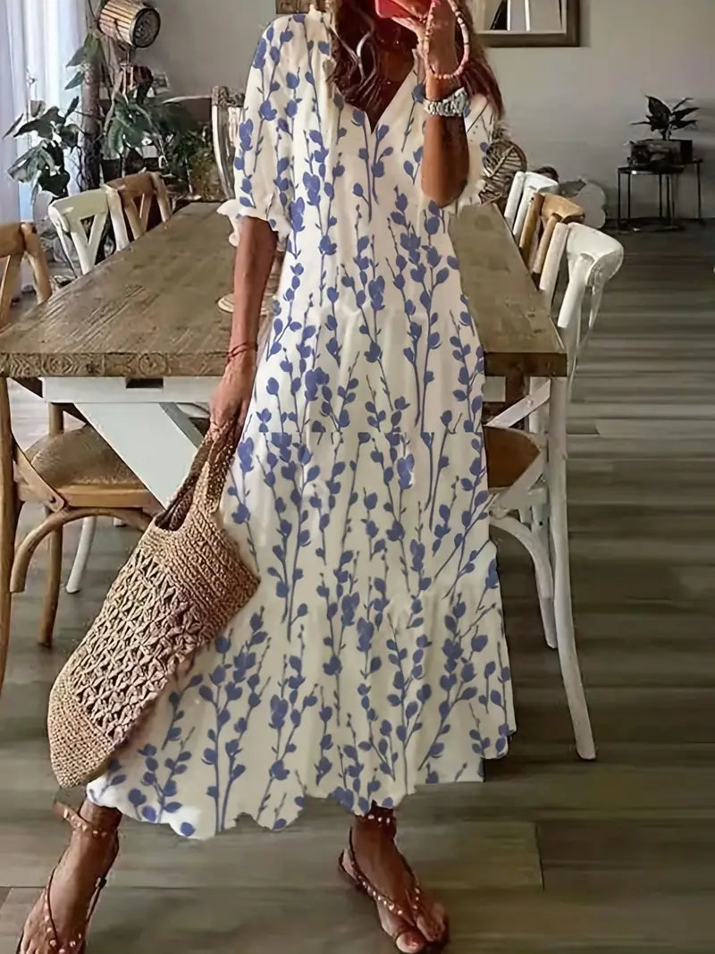 Abito boho da donna Charm – Abito estivo con scollo a V, volant e stampa ikat