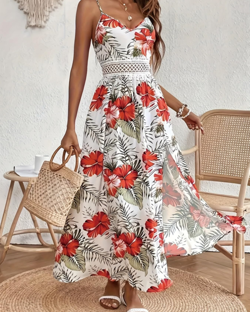 Robe longue fleurie pour femme Paige – Robe d’été bohème fluide à col en U et bretelles ajustables