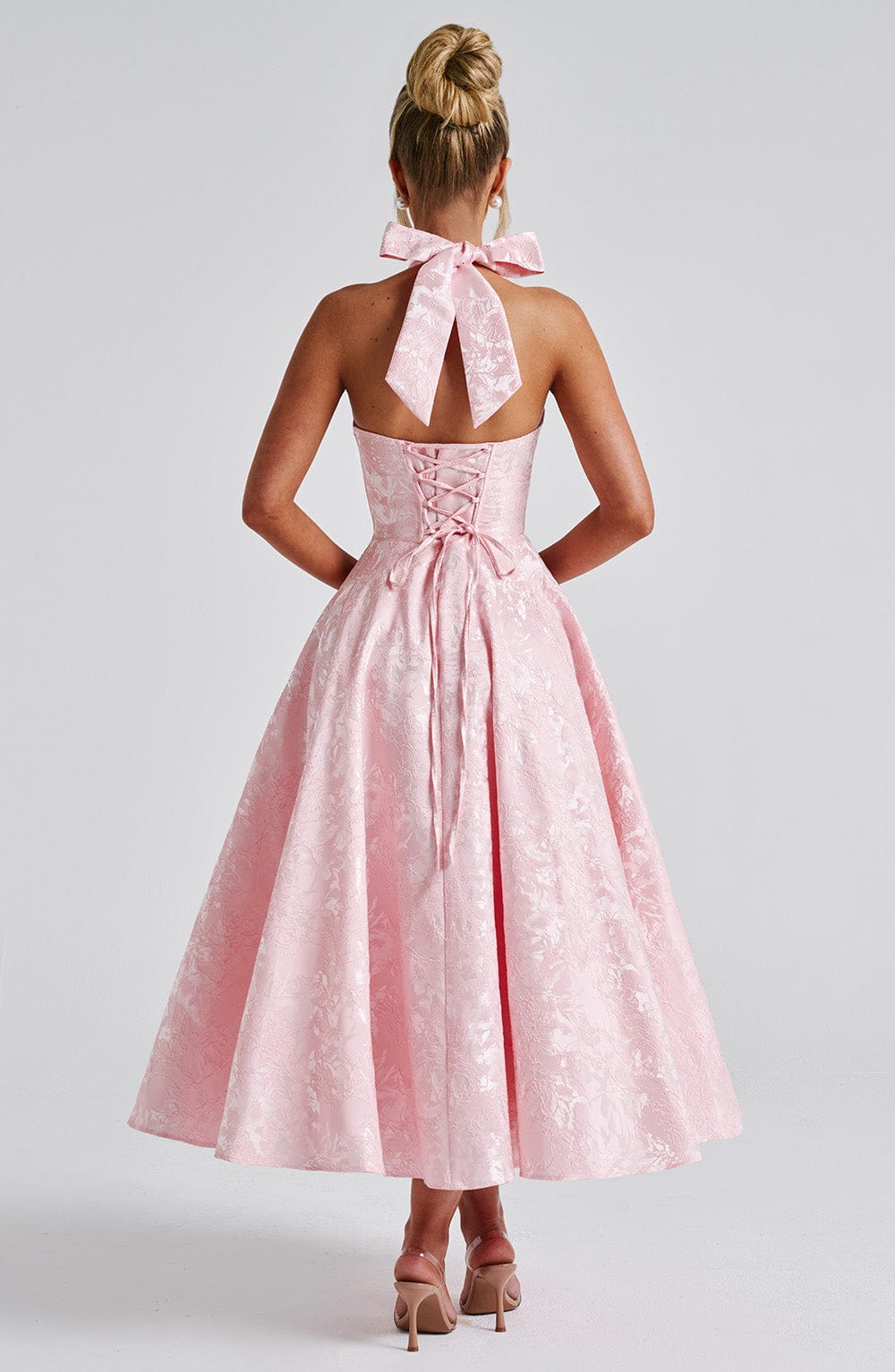 Abito midi da donna Iris – Abito corsetto in jacquard floreale con schiena scoperta e gonna svasata