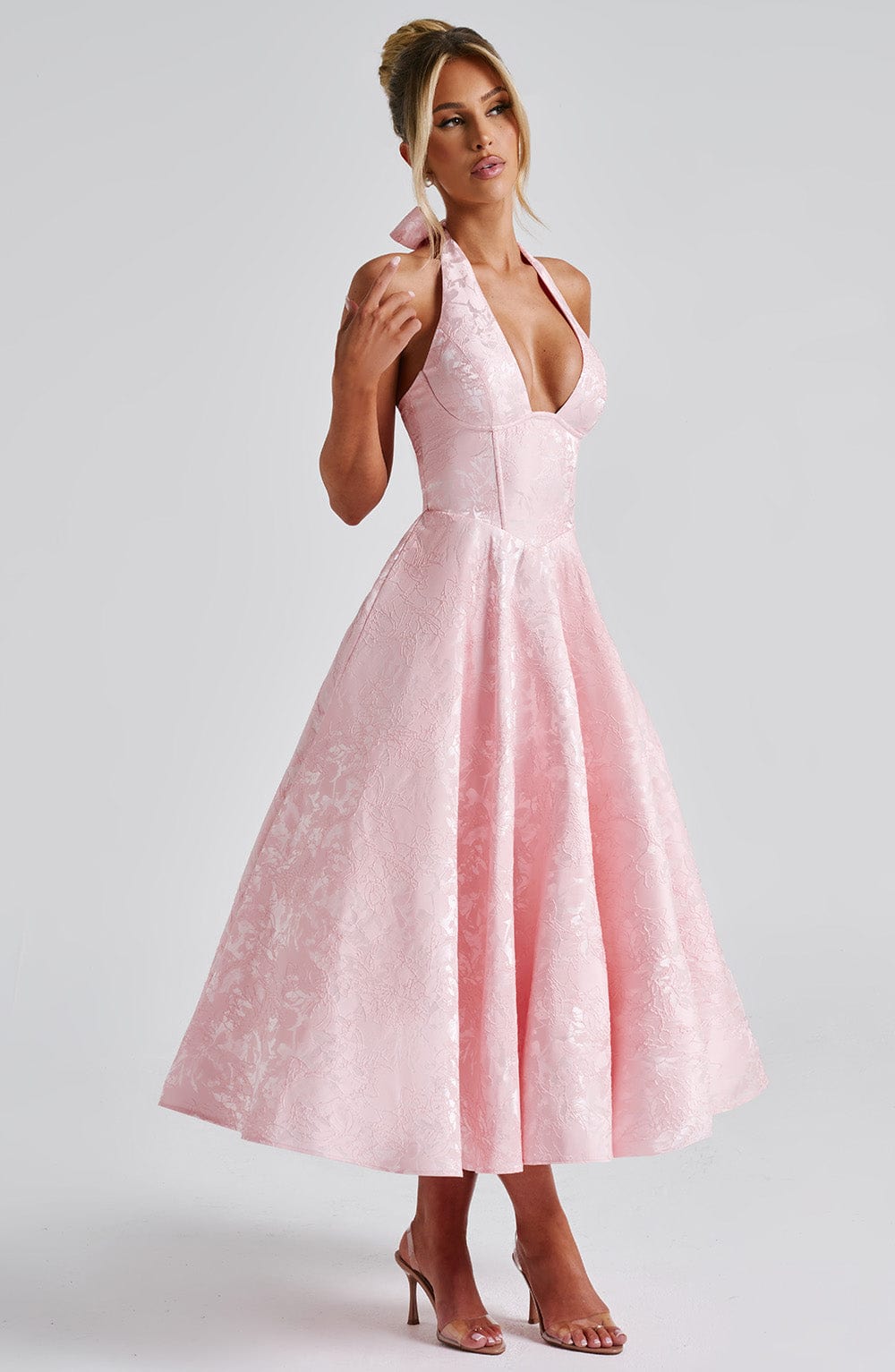 Abito midi da donna Iris – Abito corsetto in jacquard floreale con schiena scoperta e gonna svasata