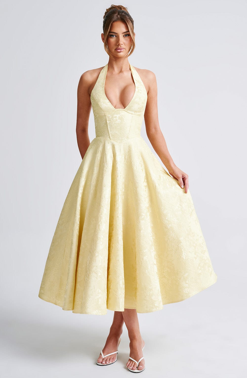 Abito midi da donna Iris – Abito corsetto in jacquard floreale con schiena scoperta e gonna svasata