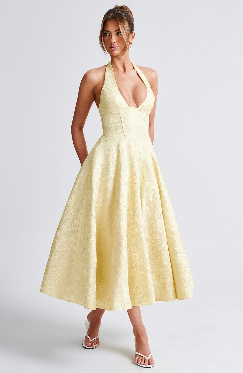 Abito midi da donna Iris – Abito corsetto in jacquard floreale con schiena scoperta e gonna svasata