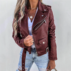 Giacca da donna in pelle Eva – Giacca da motociclista premium con cintura e collo rialzato