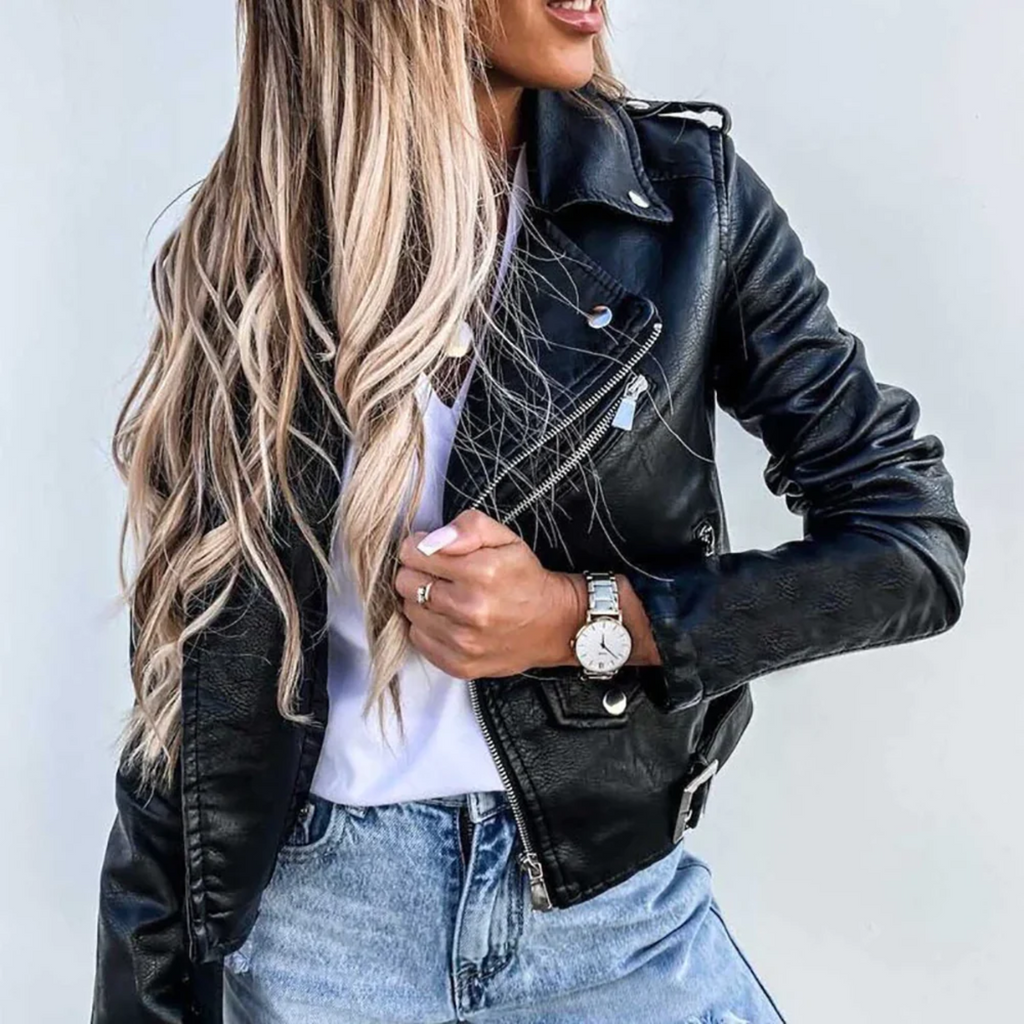 Giacca da donna in pelle Eva – Giacca da motociclista premium con cintura e collo rialzato