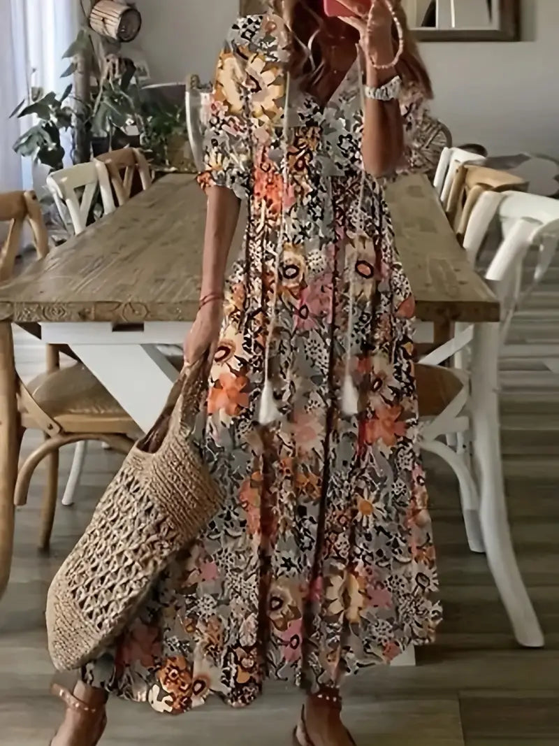 Abito boho da donna Charm – Abito estivo con scollo a V, volant e stampa ikat