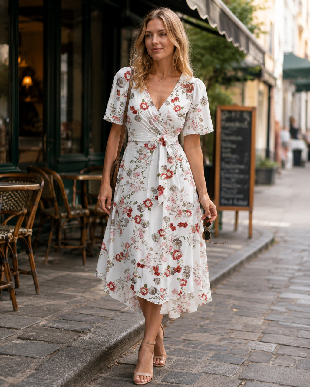 Robe midi fleurie pour femme Florence – Robe élégante portefeuille à col en V, ceinture et manches bouffantes