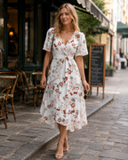 Robe midi fleurie pour femme Florence – Robe élégante portefeuille à col en V, ceinture et manches bouffantes