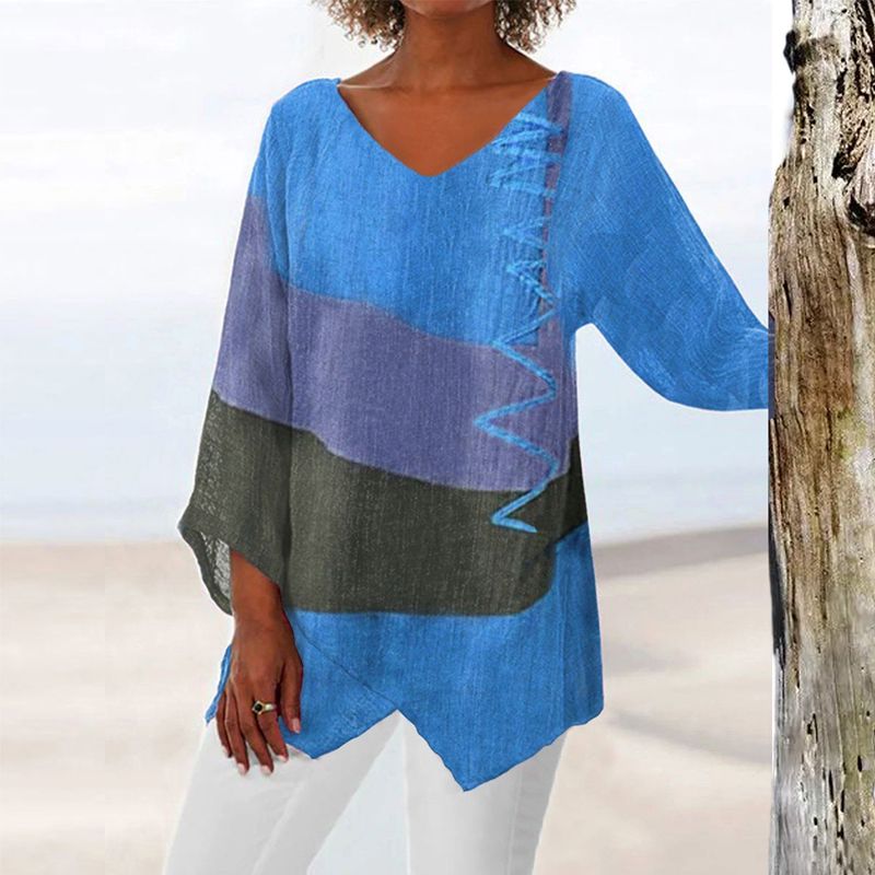 Top con cuello de pico para mujer Solange – Blusa ligera, informal y elegante con bloques de color