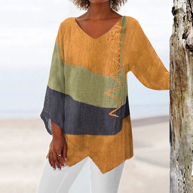 Top con cuello de pico para mujer Solange – Blusa ligera, informal y elegante con bloques de color