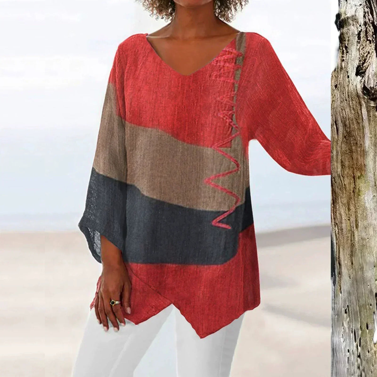Top con cuello de pico para mujer Solange – Blusa ligera, informal y elegante con bloques de color