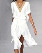 Isabella Women's White Midi Dress – V-Neck Minimalist Dress for Office and Events