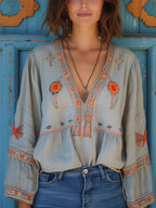 Blusa bohemia para mujer Sienna – Top chic de manga larga, holgado y con cuello en V bordado