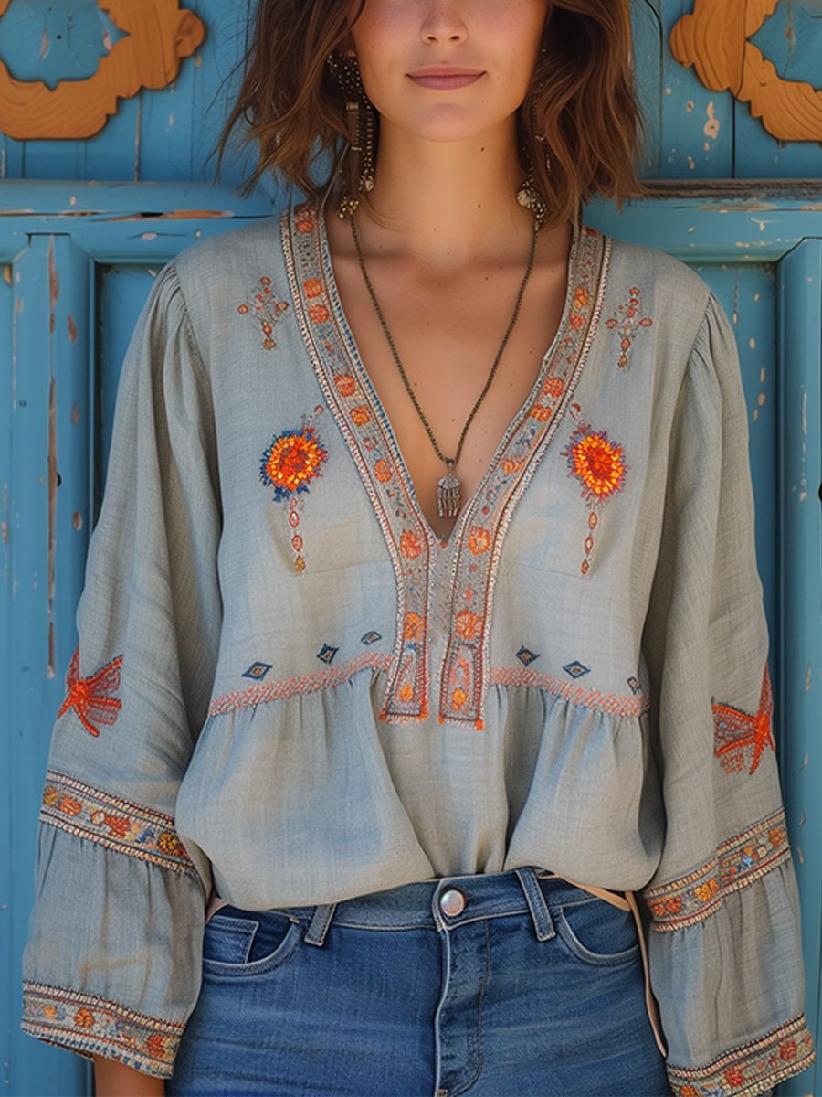 Blusa bohemia para mujer Sienna – Top chic de manga larga, holgado y con cuello en V bordado