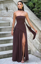 Victoria Women’s Evening Dress – Strapless Maxi Gown with High Slit & Two-Tone Design