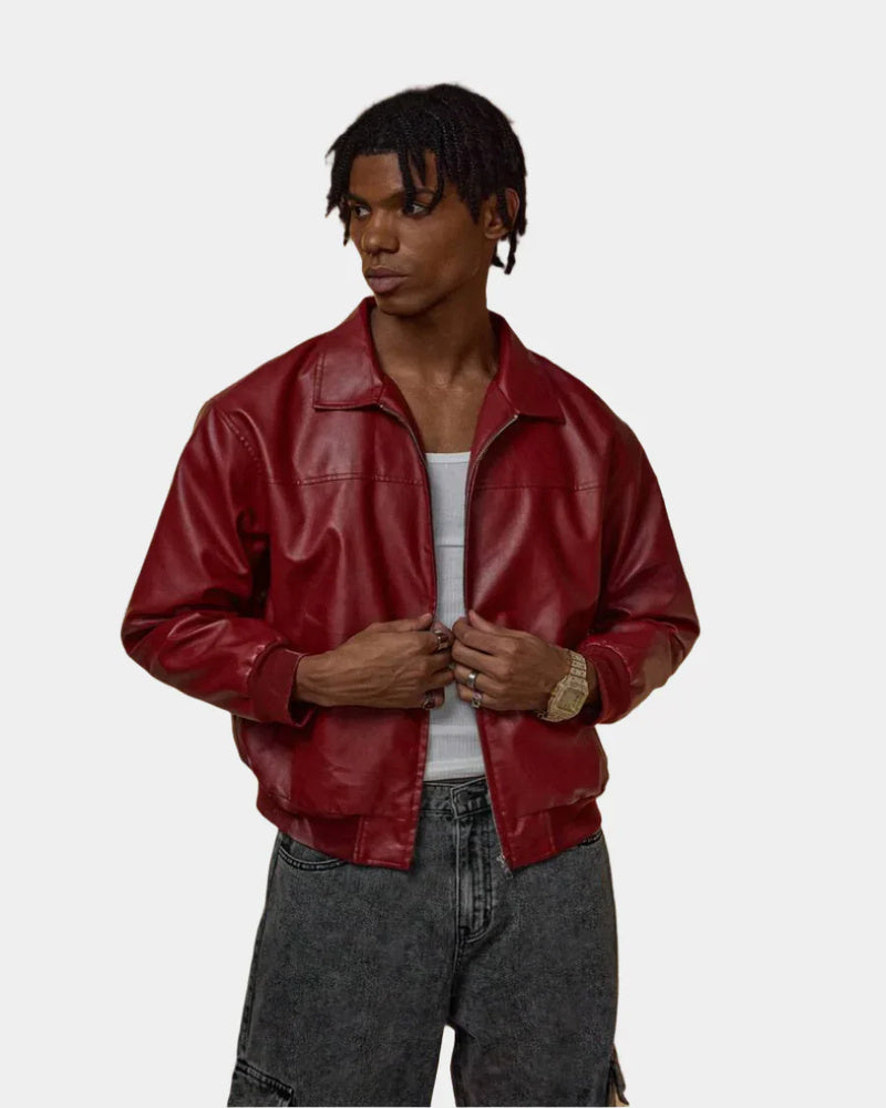 Vince Men's Red Faux Leather Jacket – Oversized Urban Zip Jacket