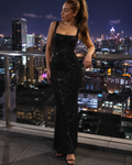 Verity Women's Sequin Maxi Dress – Square Neck Open Back Evening Gown