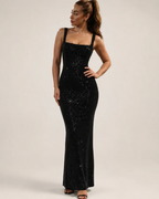 Verity Women's Sequin Maxi Dress – Square Neck Open Back Evening Gown