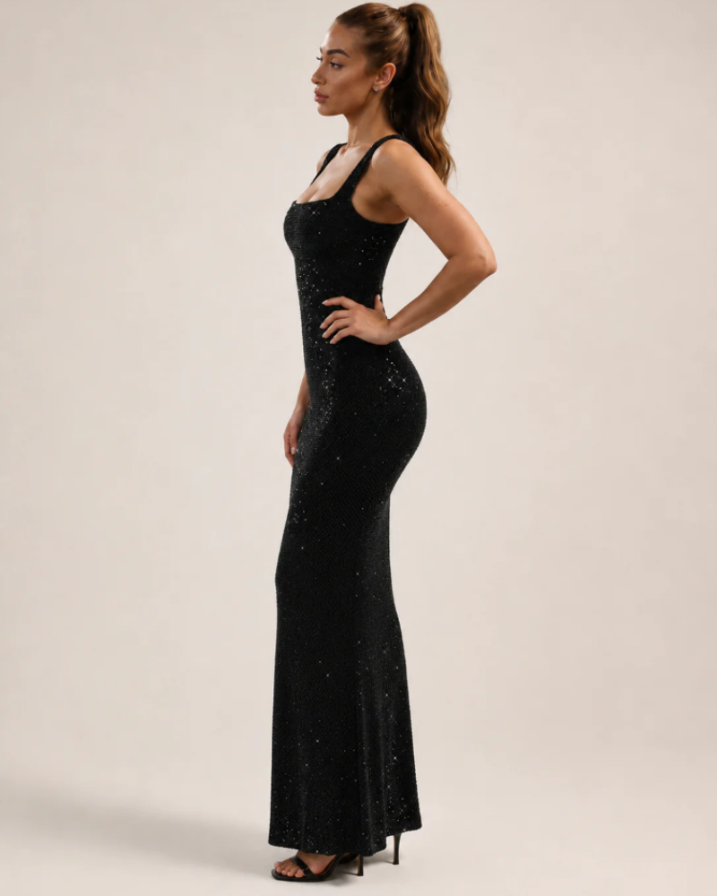 Verity Women's Sequin Maxi Dress – Square Neck Open Back Evening Gown