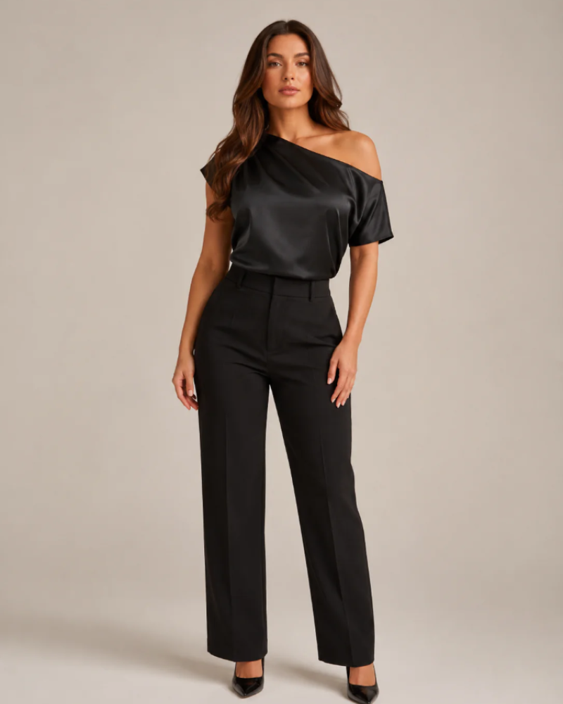 Top à encolure asymétrique Cambria pour femme – blouse satinée ajustée à enfiler