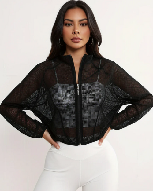 Chaqueta de malla para mujer Alyssa – top deportivo corto con cierre completo y bolsillos laterales