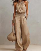 Megan Women's Halter Jumpsuit – Wide Leg, Smocked Waist & Side Pockets