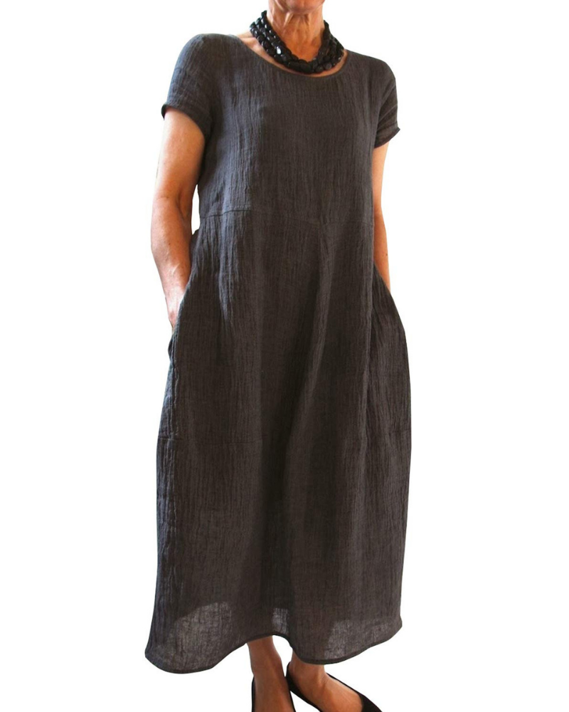 Robe longue pour femme Fiona – Robe d’été à manches courtes et col rond avec poches