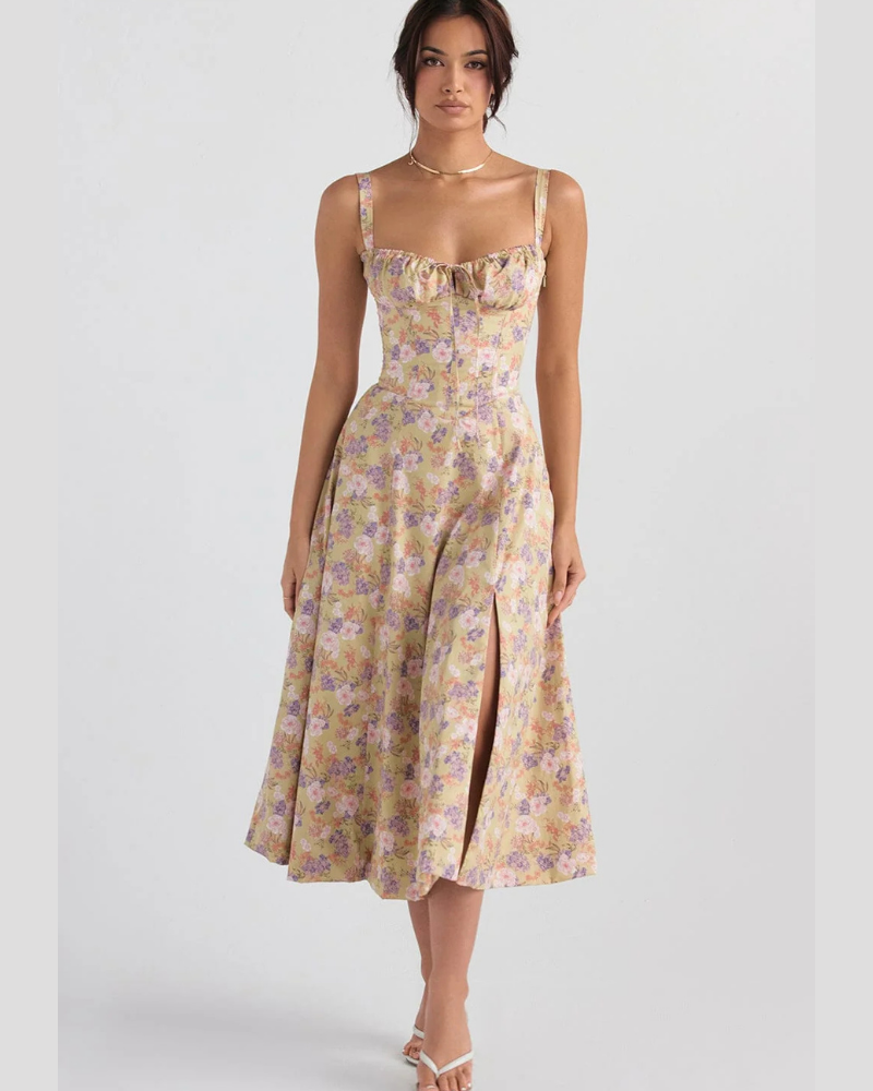 Robe midi bustier fleurie pour femme Adeline – Dos corseté, fente latérale et poches