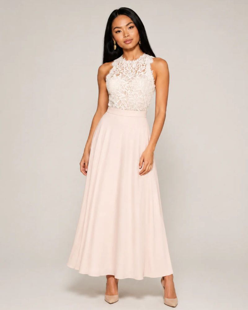 Vestido largo de encaje Marigold para mujer, vestido de fiesta de línea A y cuello alto para invitadas de boda